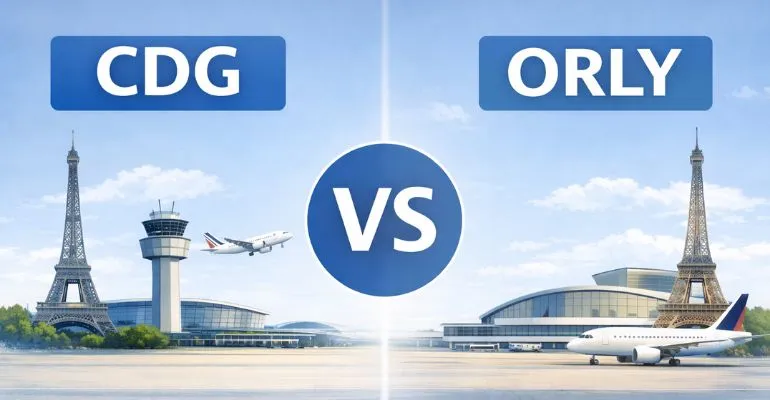 CDG vs ORLY airport comparison image for travelers flying to Paris